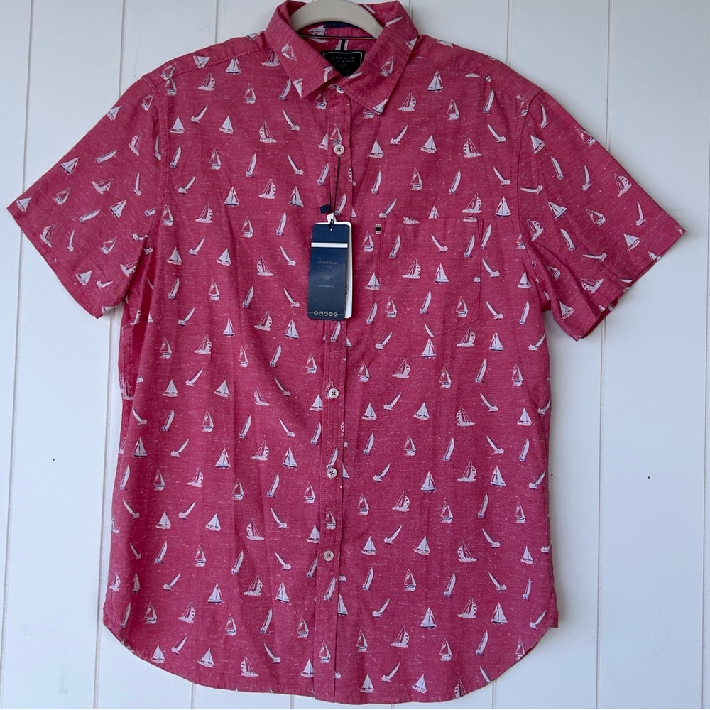 On the Road Men’s‎ Button Up Shirt Sailboats Short Sleeved Slim Fit Size Medium